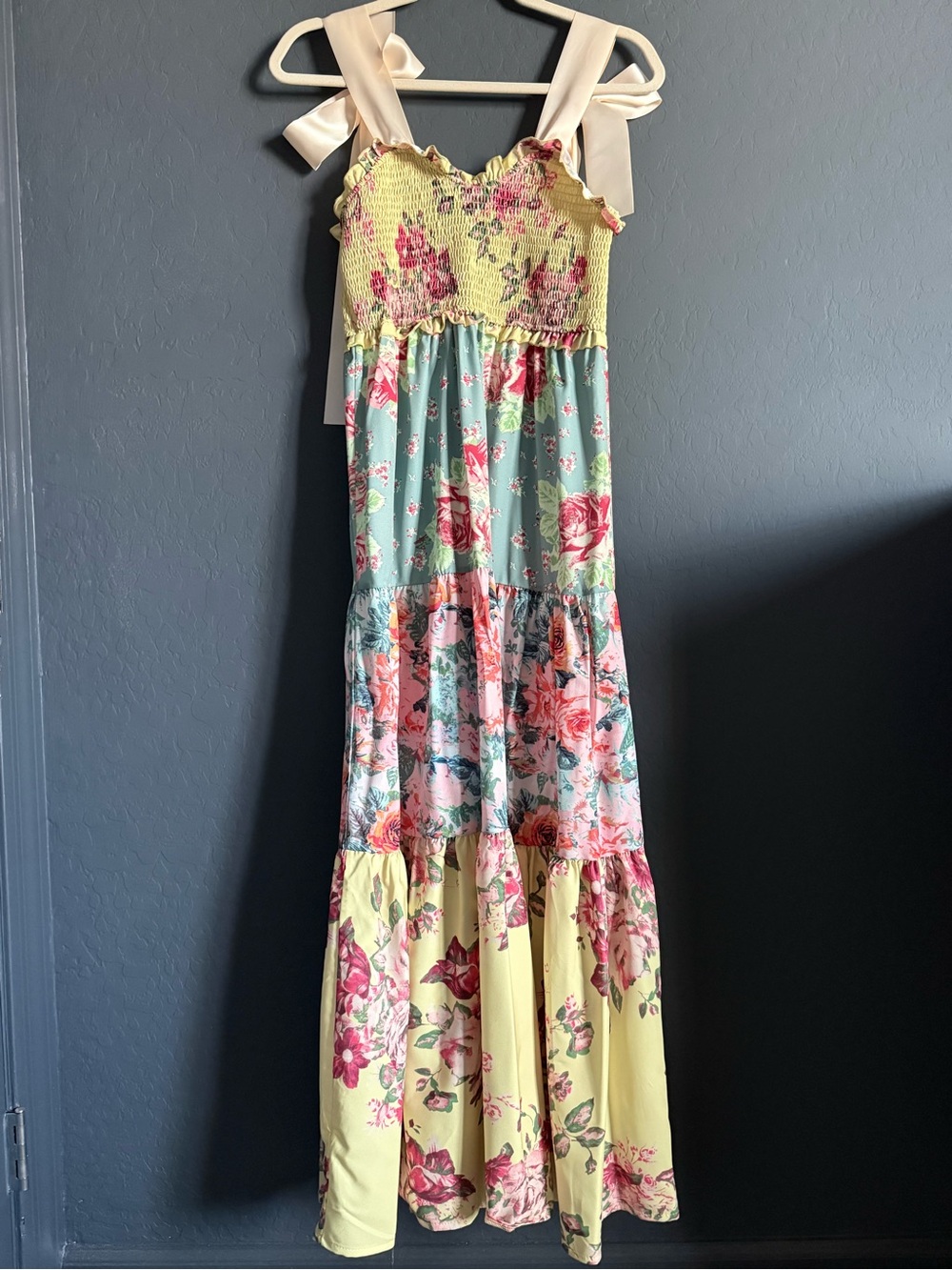 Floral Patchwork Tiered Maxi Dress with Bow Tie Straps – Size Small